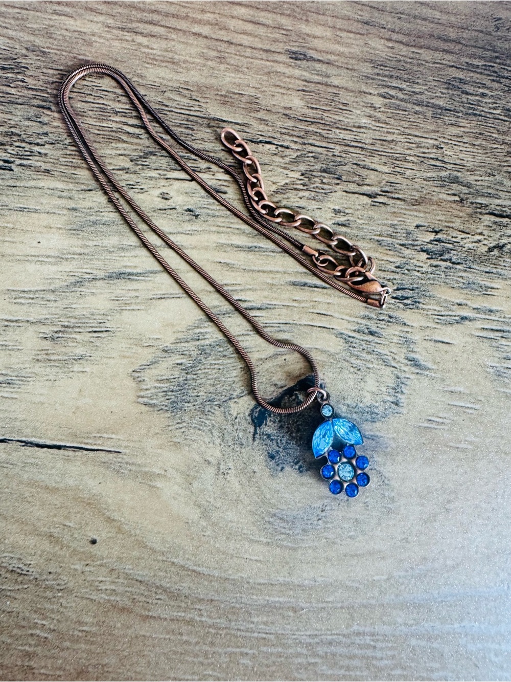 Copper Chain Necklace with Blue Crystal Leaf Pendant Y2K whimsy fairycore